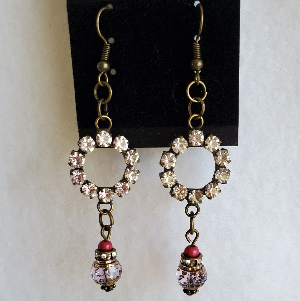Womens bronze clear & pink rhinestone earrings